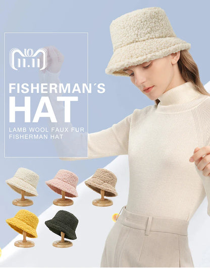 Women Girls Faux Fur Bucket Hat Plush Warm Fisherman Hat Outdoor Windproof Panama Bowl Hats Autumn Street Cold -proof Cap Hats