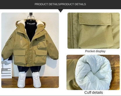 New Winter Down Cotton Jacket Boys Black Hooded Coat Children Outerwear Clothing Teenage 3-8Y Kids Parka Padded Snowsuit