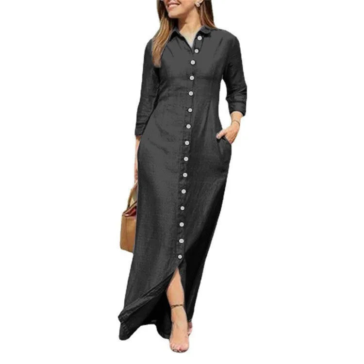 Women's Dress Single Breasted Temperament Long Sleeved Robe Retro Long Style Solid Color Casual Dress Button Up Shirt Long Style