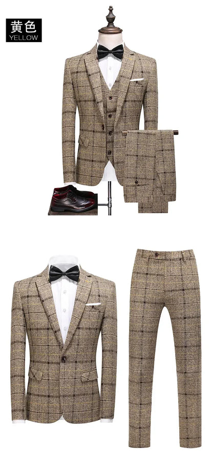 Traje De Hombre Elegante (Blazer+ Vest + Pants) Men's Fashion Business Gentleman Wedding Casual Plaid Cotton Linen British Suit