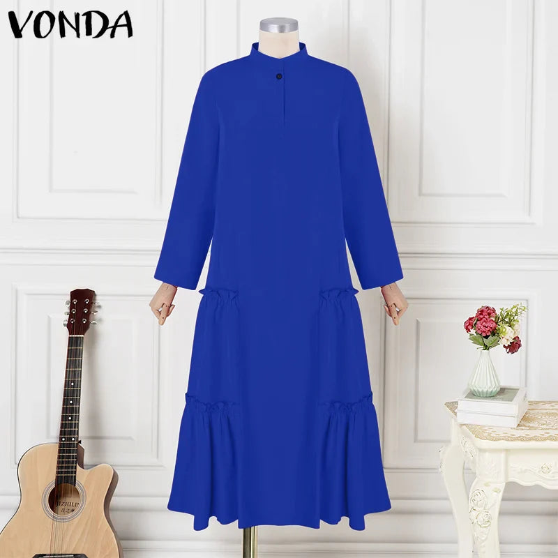 Plus Size VONDA Women Ruffled Maxi Long Dress 2024 Casual Solid Color A-Line Shirt Dress Stand Collar Long Sleeve Party Vestido