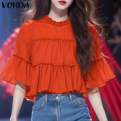 VONDA Women Ruffled Shirts 2025 Casual Flare Sleeve Tops Bohemian Blusas Solid Color Elegent Blouse Female Summer Tunic Oversize