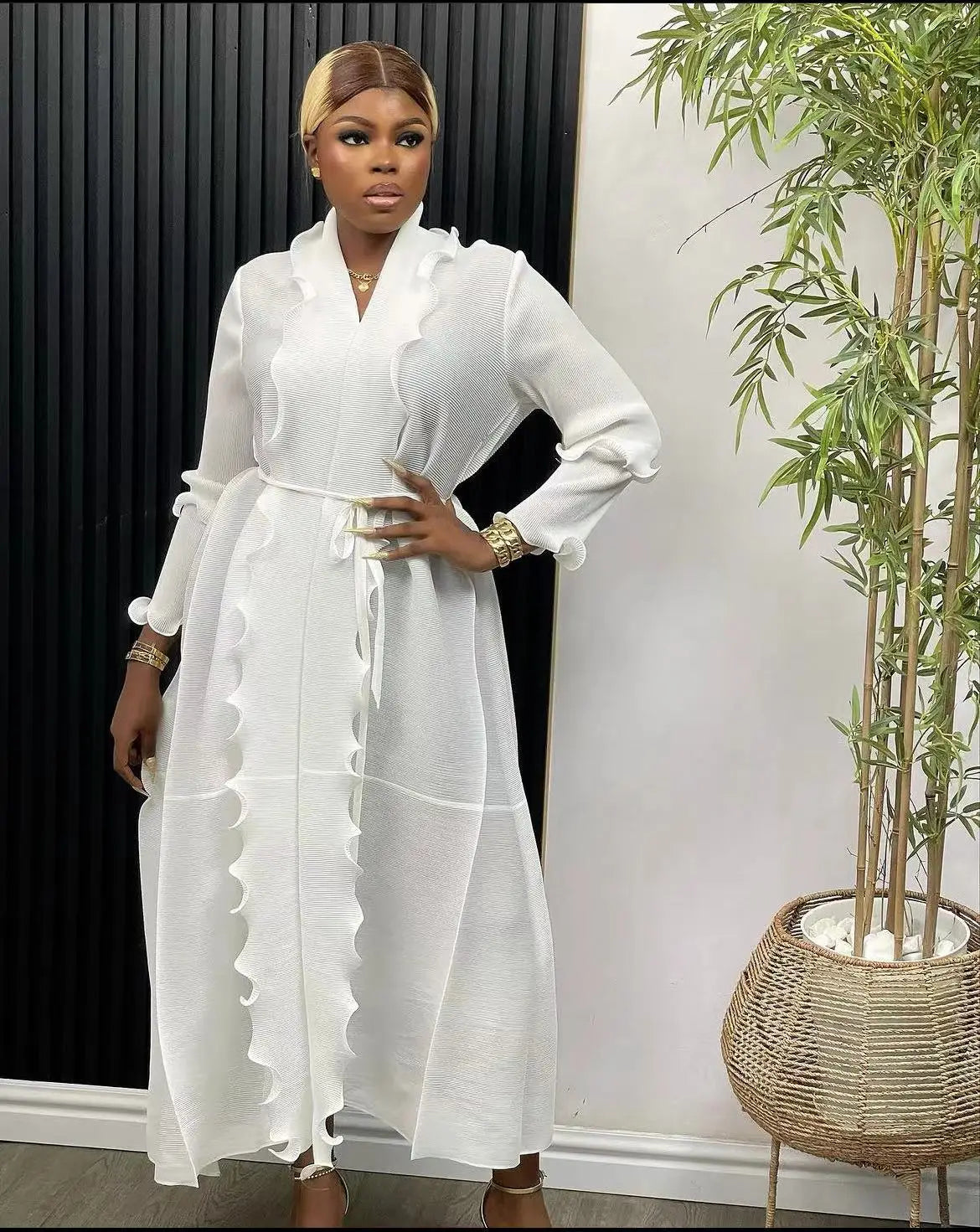 Women Eid Muslim Dress Ruffles Sleeve Dubai Abayas Solid Dresses Sashes Loose Casual Morocco Kaftan Islam Arab Ankle Length