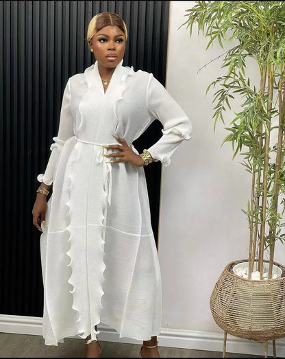 Women Eid Muslim Dress Ruffles Sleeve Dubai Abayas Solid Dresses Sashes Loose Casual Morocco Kaftan Islam Arab Ankle Length