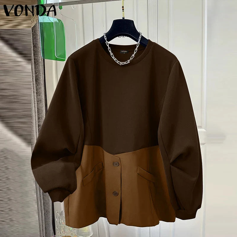 VONDA Casual Pullovers Round Neck Hoodies Spring Patchwork Contrasting Button Long Sleeved Sweatshirts 2025 Oversized Blouses