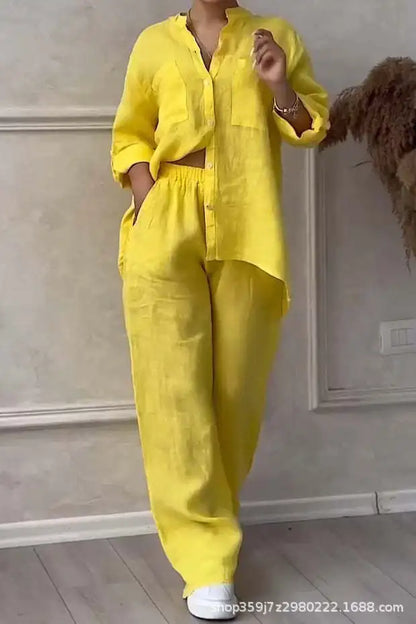 Women's Fashion Set Casual Long Sleeve Pocket Shirts + Loose Wide Leg Pants 2 Piece Set For Women Spring Autumn Women Clothes