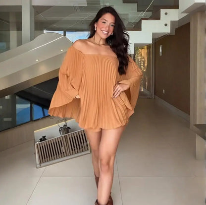 Women's Sexy One Shoulder Pleated Chiffon Long Sleeve Shorts 2 Piece Fashion Loose Shawl Sleeves Elegant Female Beach Shorts Set