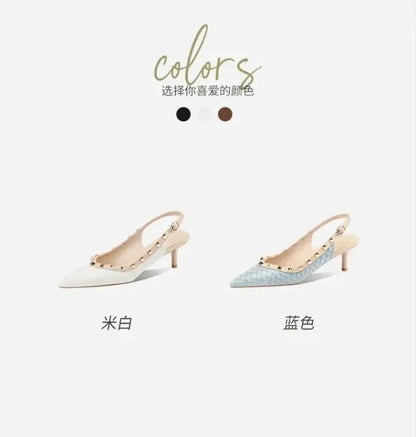 Women Sandals Rivets Pointed Toe Slingbacks Patent Leather Mid Heels Pumps Blue Snakeskin Pattern Slip on Sandalias Mujer