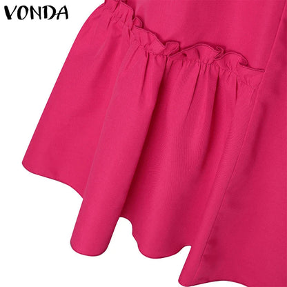 Plus Size VONDA Women Ruffled Maxi Long Dress 2024 Casual Solid Color A-Line Shirt Dress Stand Collar Long Sleeve Party Vestido