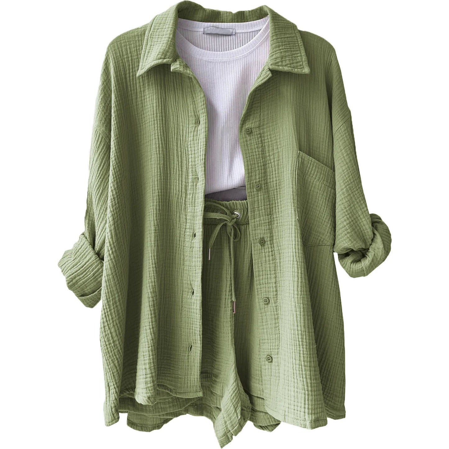 Women's Short Sets 2 Pcs Sale Grass Green Loose Button Cardigan Blouse Coats & Drawstring Wide Leg Loose Short Pant Suits