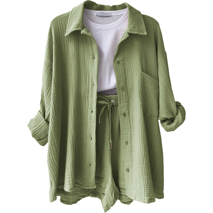 Women's Short Sets 2 Pcs Sale Grass Green Loose Button Cardigan Blouse Coats & Drawstring Wide Leg Loose Short Pant Suits