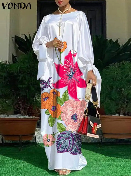 VONDA Elegant Floral Kaftan Maxi Dress – Loose Fit Satin Robe for Women