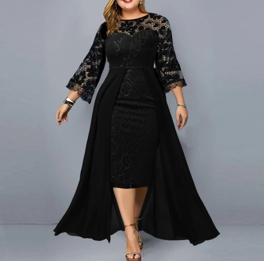 Plus Size Party Dresses for Wedding Guest Women's 2024 Spring Summer Long Sleeve Lace Floral See Through Elegant Bodycon Dress
