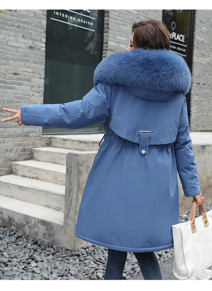 Winter Parka 2024 New Women Jacket Clothes Long Coat Wool Liner Hooded Jacket Fur Collar Thick Warm Snow Wear Fashion Parka