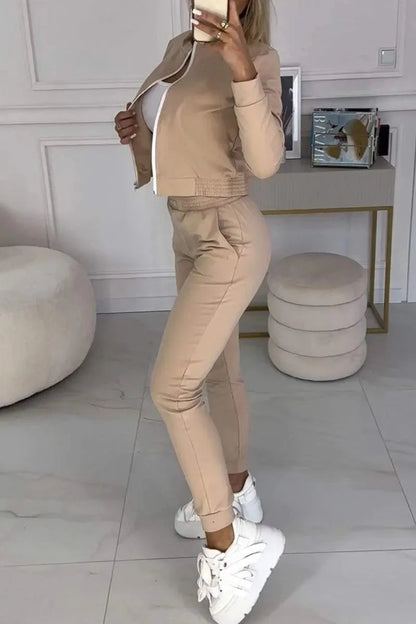 Sporty Casual Long Sleeve Zipper Solid Jacket 3 Pieces Set Women Autumn Workout Skinny Tank Tops Coat + Pants Matching Set Mujer