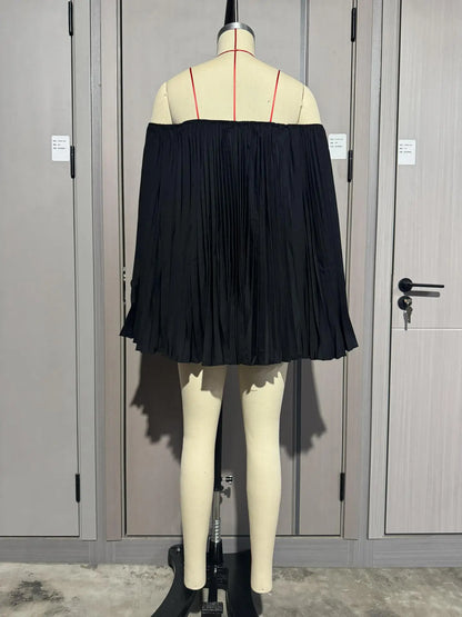 Women's Sexy One Shoulder Pleated Chiffon Long Sleeve Shorts 2 Piece Fashion Loose Shawl Sleeves Elegant Female Beach Shorts Set