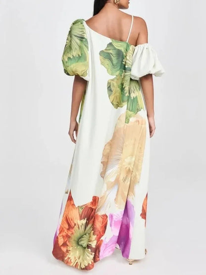 UOOZEE 2025 New Women Fashion Elegant Floral Printed Evening Maxi Dresses Loose One-Shoulder H-line Vacation Bohemia Dress