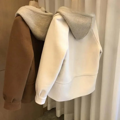 Winter Woolen Coat Women's High-end Feel Knitted Hooded Thickened Top Two-piece Illusion Sweater For Plus-size Women