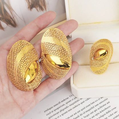 New Fashion Style Gold Plated Earrings Ring Set for Women Girls Dubai Luxury Exaggerated Design Jewelry Gift for Party Easter