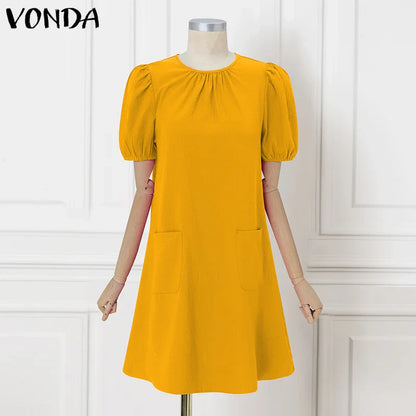VONDA Women Party Dress Solid Color Casual Office Work Mini Sundress 2025 Summer Female O Neck Vestidos Oversized Loose Robe