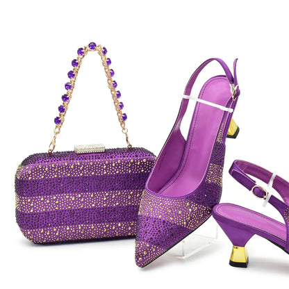 RUTIALNT Silver & Gold Crystal Shoe and Bag Set for Women