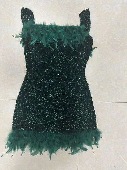 Spring And Summer Women's Clothing MINI Short Solid Color New Wind Sequins Halter Beach Dress One-word Shoulder Feathers Spice G