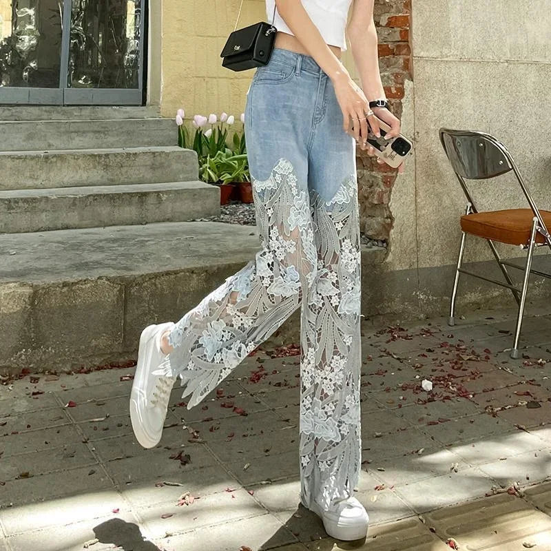 Pants for Woman and Capris Straight Leg with Rhinestones Transparent Women's Jeans Lace Grunge Spring Pant Vintage Trousers