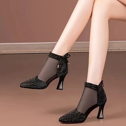 New Fashion Mesh Breathable Rhinestone High Heel Boots Elegant Pointed Toe Dress Pumps Women Banquet Wedding High Heels Size 43