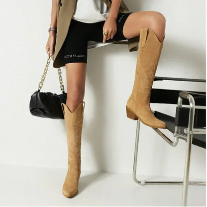 Pointed Toe Knight Boots for Women Brown PU Leather Knee High Boots Woman  Autumn Winter Western Cowboy Long Botas Mujer 2024