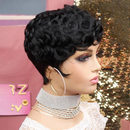 Short Pixie Wigs for Black Women Short Black Curly Pixie Wigs Synthetic Hair Wigs for Black Women Natural Wavy Black Pixie Cut W