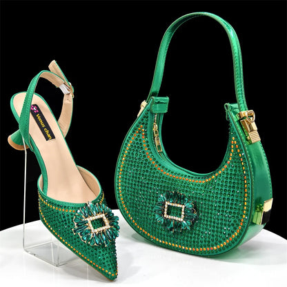 Venus Chan Luxury Rhinestone Heel & Handbag Set – Black & Gold Party Combo