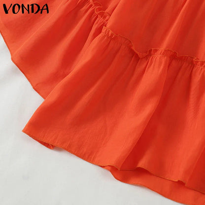 VONDA Women Ruffled Shirts 2025 Casual Flare Sleeve Tops Bohemian Blusas Solid Color Elegent Blouse Female Summer Tunic Oversize