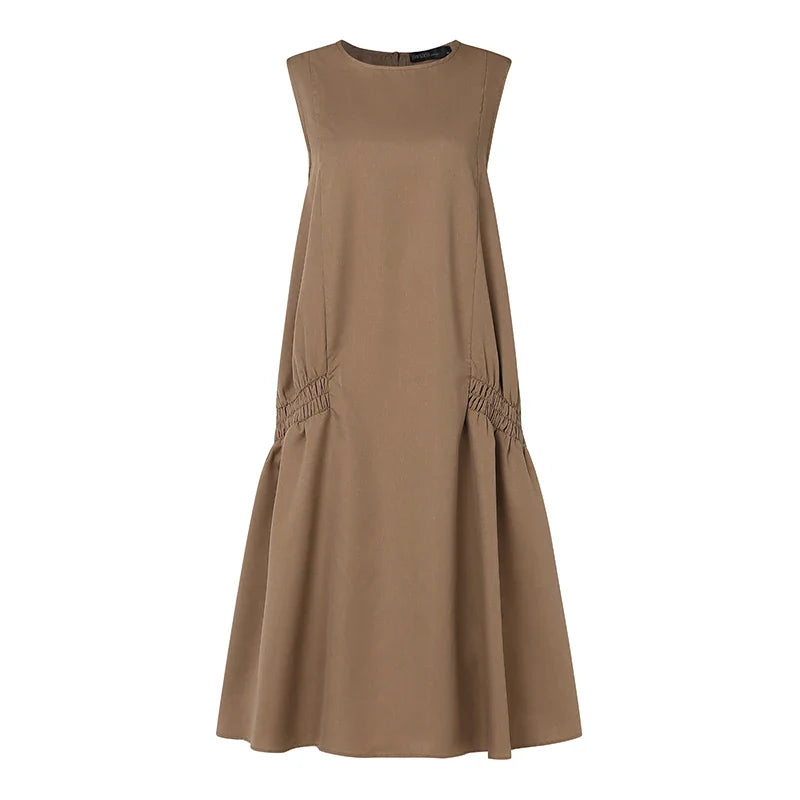 ZANZEA Summer Women's A-line Midi Dresses Casual O-Neck Shirring Pleated Tank Vestidos 2025 Fashion Holiday Solid Robes Femme