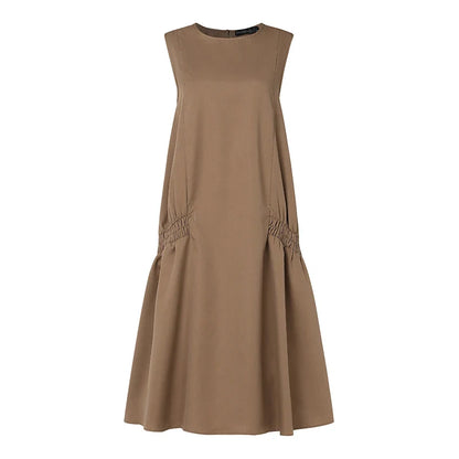 ZANZEA Summer Women's A-line Midi Dresses Casual O-Neck Shirring Pleated Tank Vestidos 2025 Fashion Holiday Solid Robes Femme