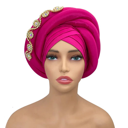 Twisted Braid Turban Cap for Women African Lady Head Wraps Diamonds Nigeria Raw Silk Autogele Headtie Muslim Hat Party Headwear