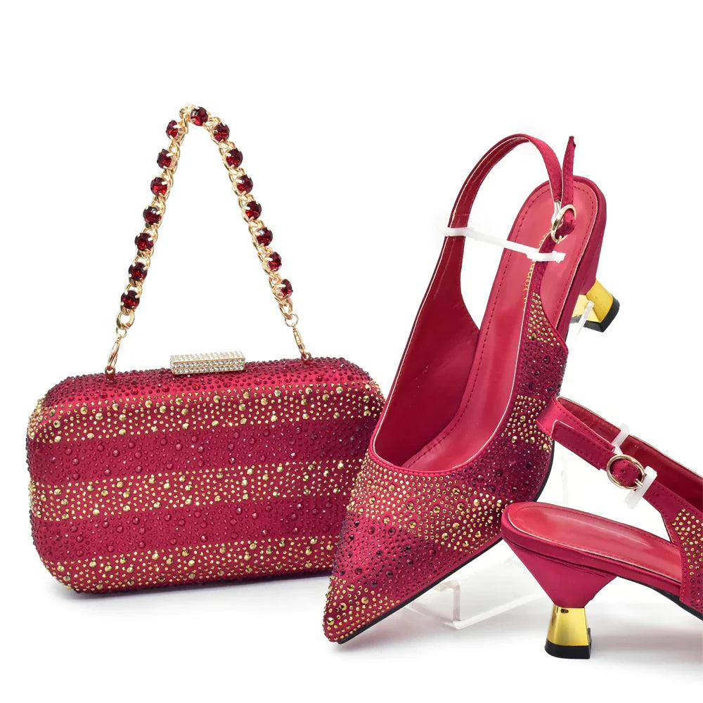 RUTIALNT Silver & Gold Crystal Shoe and Bag Set for Women