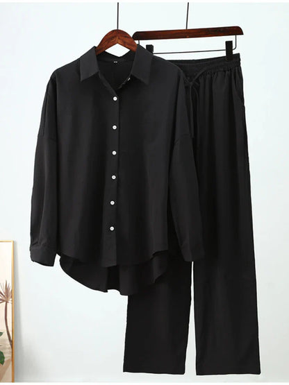 Summer Outfits for Women 2023 Fashion Loose Elastic Wrinkle Long Sleeve Shirt Wide Leg Pants Casual Set for Women 2 Piece Set