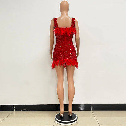 Spring And Summer Women's Clothing MINI Short Solid Color New Wind Sequins Halter Beach Dress One-word Shoulder Feathers Spice G