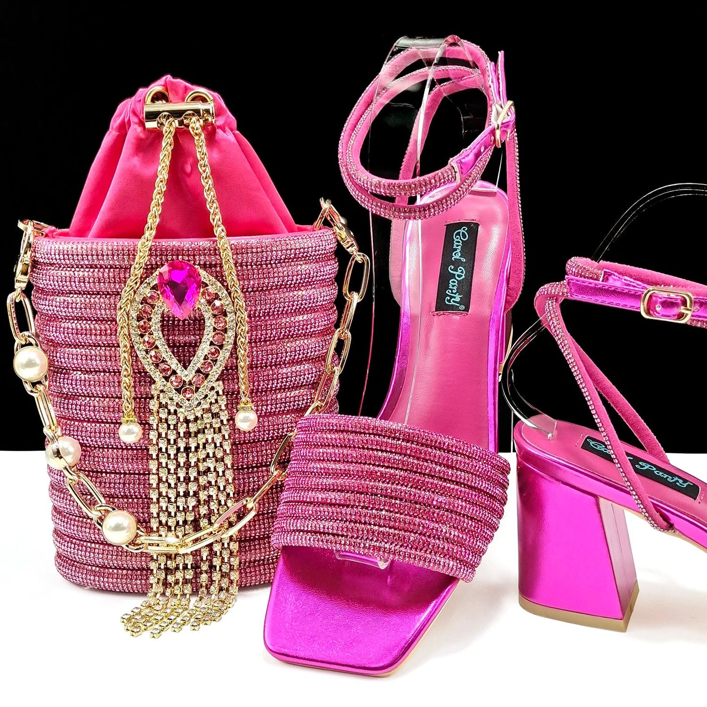 Newest Olive Colour Personalized  Design Rhinestone Decoration High Heel Peep Toe Banquet Ladies Shoes And Bag Set
