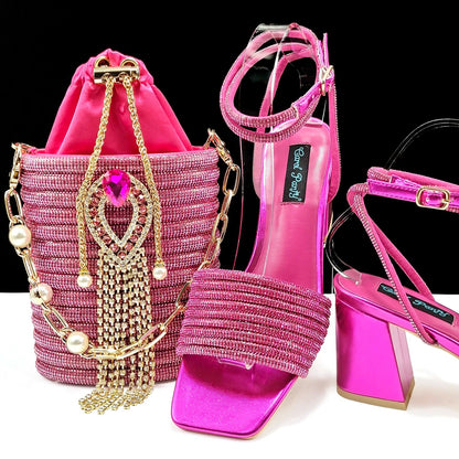Newest Olive Colour Personalized  Design Rhinestone Decoration High Heel Peep Toe Banquet Ladies Shoes And Bag Set