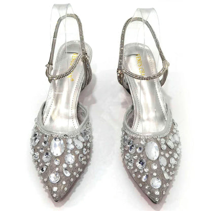 Venus Chan Pointed Toe Heels for Women Party Green Color Full Diamond Lace Matching Design Italian Shoe and Bag Set Designer