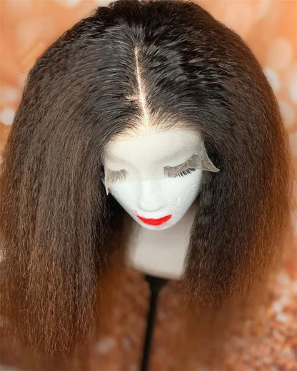 Soft Yaki 26”Long Ombre Brown Blonde Kinky Straight 180Density Deep Lace Front Wig For Black Women Synthetic Babyhair Preplucked