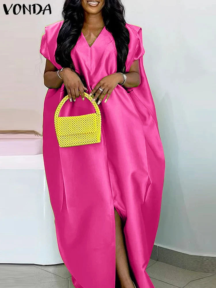 VONDA Plus Size Bohemian Women Maxi Dress 2025 Summer Split Long Sundress V-Neck Short Sleeve Casual Solid Party Satin Robe 5XL