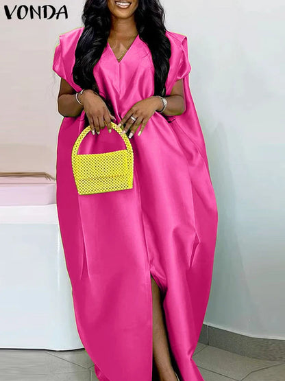 VONDA Plus Size Bohemian Women Maxi Dress 2025 Summer Split Long Sundress V-Neck Short Sleeve Casual Solid Party Satin Robe 5XL