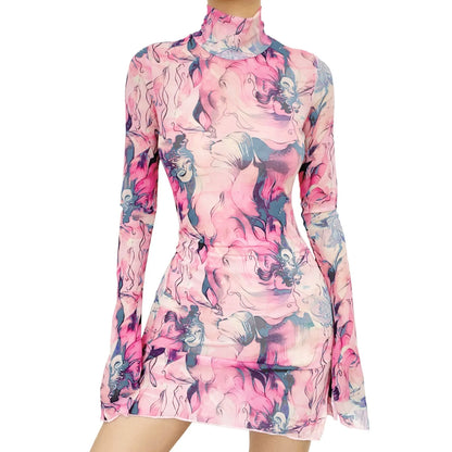 Top Selling Mesh Printed Round Neck Womens Dresses For Teens Plus Size Bell Sleeve Side Open Hip Dress Vestidos Para Mujer
