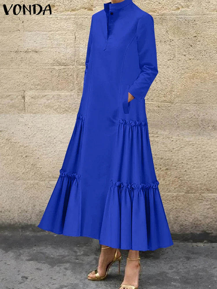 Plus Size VONDA Women Ruffled Maxi Long Dress 2024 Casual Solid Color A-Line Shirt Dress Stand Collar Long Sleeve Party Vestido