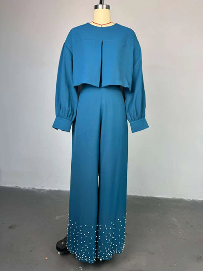 two piece sets women outfits o neck long lantern sleeve tops Embroidered Flares wide leg trousers fashion casual party Pant Sets