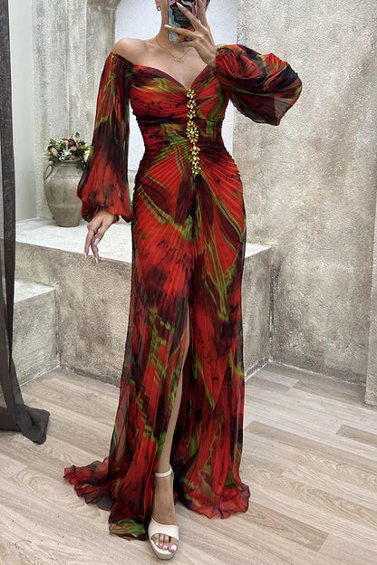 Women Floral Lantern Long Sleeve Dress Elegant Rhinestone Off Shoulder Maxi Dresses Sexy Deep V-neck  Waist Split Parties Dress