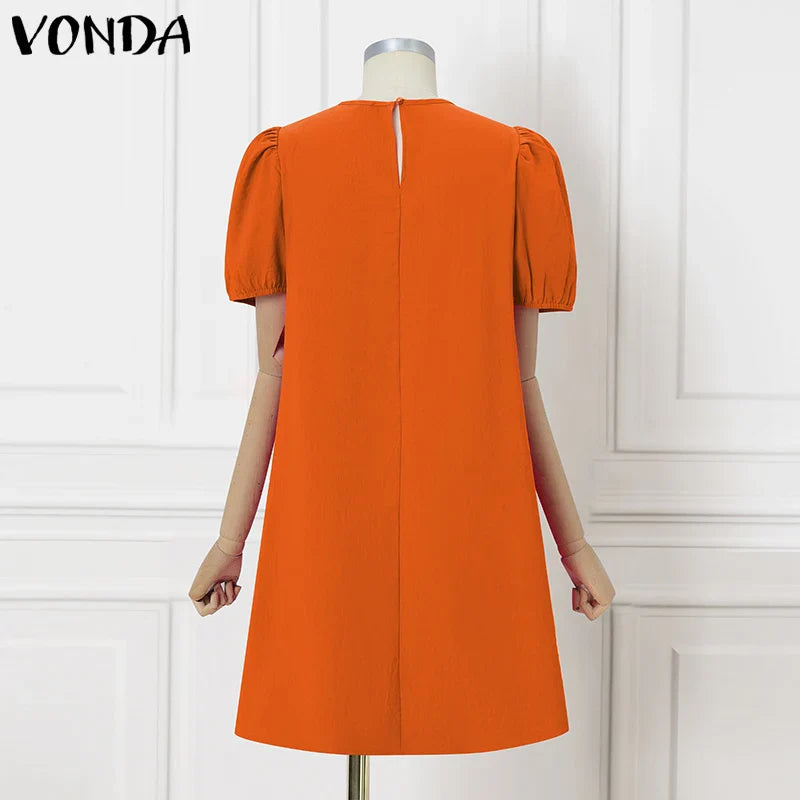 VONDA Women Party Dress Solid Color Casual Office Work Mini Sundress 2025 Summer Female O Neck Vestidos Oversized Loose Robe