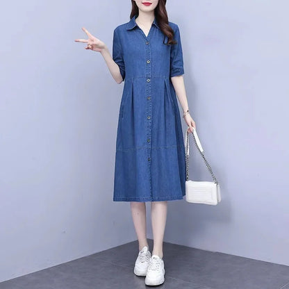 Oversized 5XL Single Breasted Denim Dress For women 2024 Summer New Short sleeved Shirt Denim Dresses Female Casual Clothes